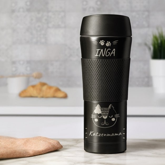 Rutschfester Thermobecher mit Gravur für eine Katzenlady zum Geburtstag