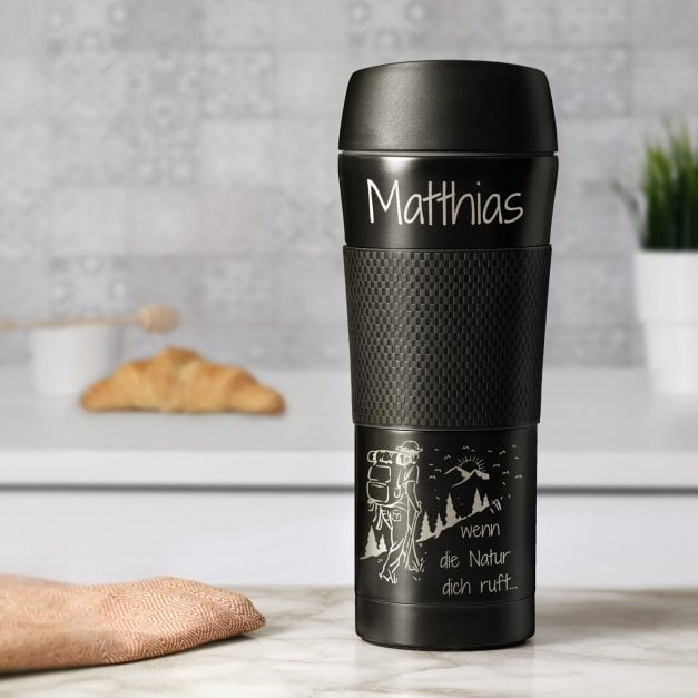 Rutschfester Thermobecher mit Gravur für einen Bergliebhaber Weltenbummler zum Geburtstag