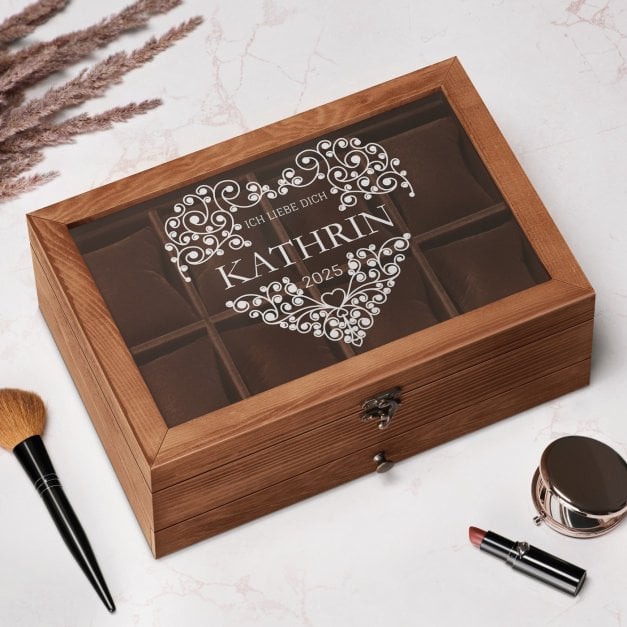 Holzschatulle für Schmuck und Uhren mit Gravur für sie zum Valentinstag Herz
