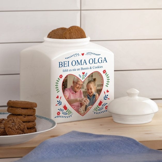 Weiße Keramikdose mit Aufdruck von eigenem Foto für Ihre Oma