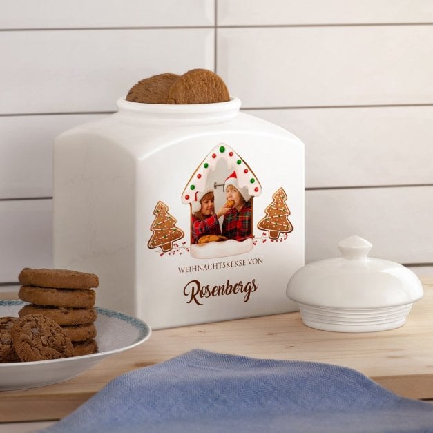 Weiße Keramikdose mit Aufdruck von eigenem Foto für ein Paar eine Familie zu Weihnachten