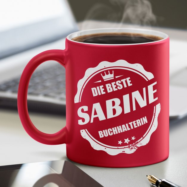 Keramikbecher mit Gravur Rot/Matt für die Buchhalterin zum Ehrentag