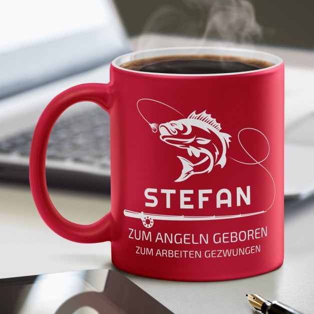 Keramikbecher mit Gravur Rot/Matt für einen Angler zum Ehrentag