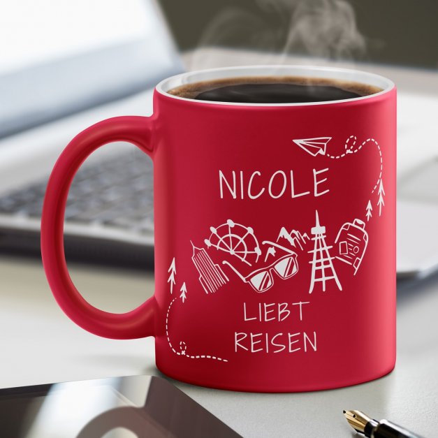 Keramikbecher mit Gravur Rot/Matt für eine Weltenbummlerin zum Ehrentag