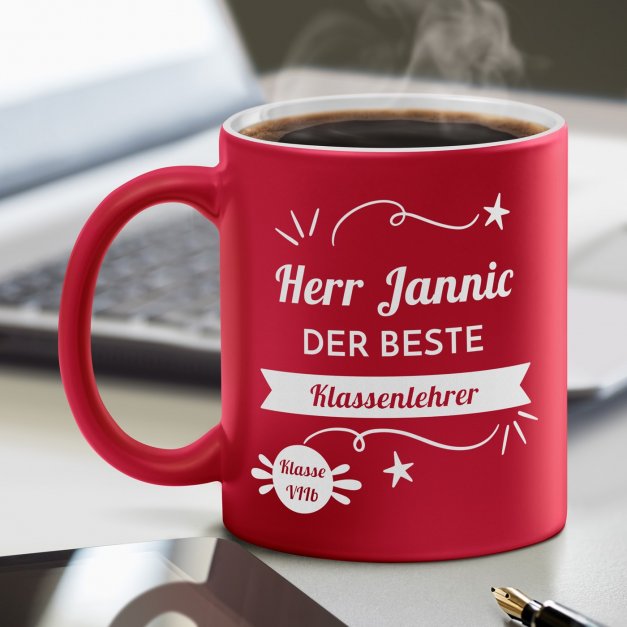 Keramikbecher mit Gravur Rot/Matt für einen Lehrer Klassenlehrer zum Lehrertag Geburtstag