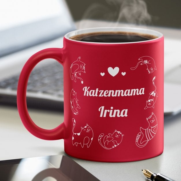 Keramikbecher mit Gravur Rot/Matt für eine Katzenmama zum Ehrentag