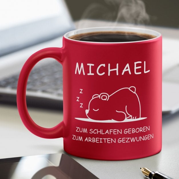 Keramikbecher mit Gravur Rot/Matt für einen Langschläfer & Morgenmuffel zum Ehrentag