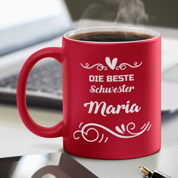Keramikbecher mit Gravur Rot/Matt für Ihre ältere Schwester