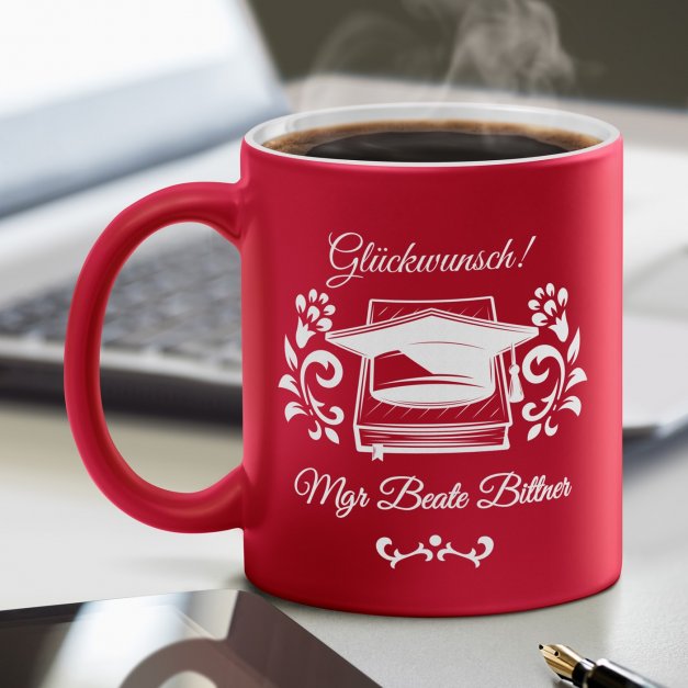 Keramikbecher mit Gravur Rot/Matt für einen Studenten zum Hochschulabschluss