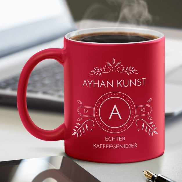 Keramikbecher mit Gravur Rot/Matt für einen Kaffeetrinker zum Geburtstag