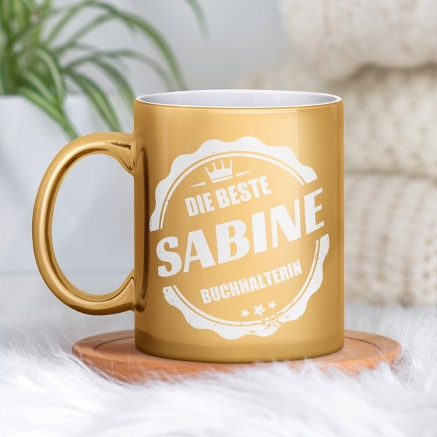 Kaffeebecher mit Gravur Gold/Glänzend für eine Buchhalterin zum Ehrentag zur Beförderung