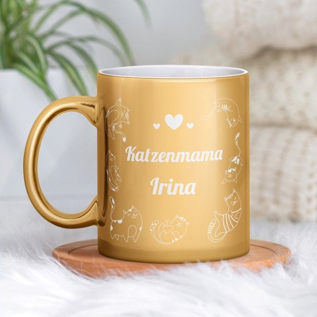 Kaffeebecher mit Gravur Gold/Glänzend für eine Katzenmama zum Ehrentag