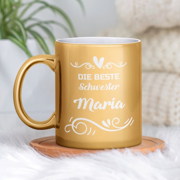 Kaffeebecher mit Gravur Gold/Glänzend für Ihre Schwester zum Geburtstag