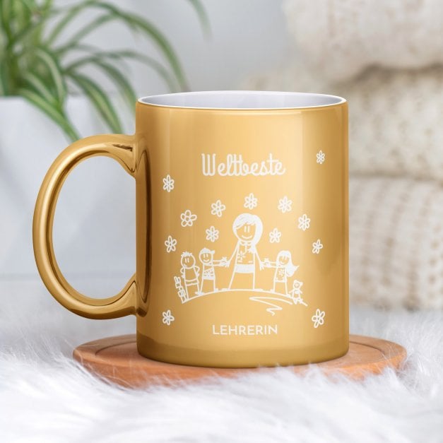 Kaffeebecher mit Gravur Gold/Glänzend für eine Kindergärtnerin Lehrerin zum Schuljahresende