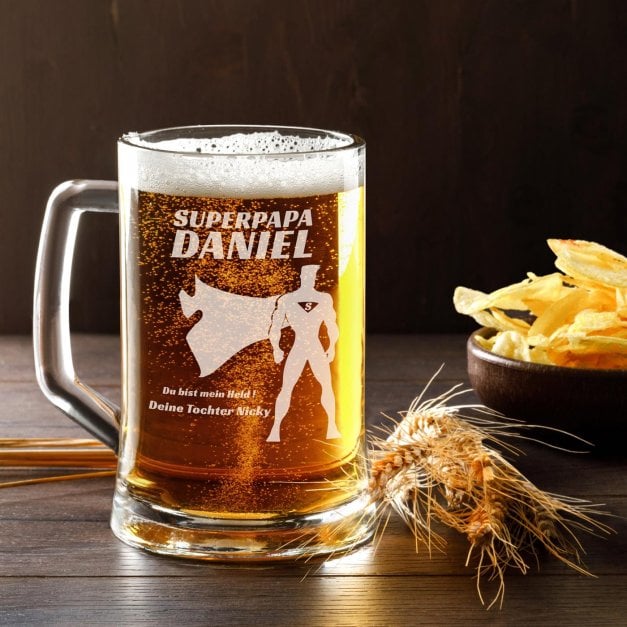 Bierkrug aus Glas mit Gravur für Ihren Vater, einen Filmfan
