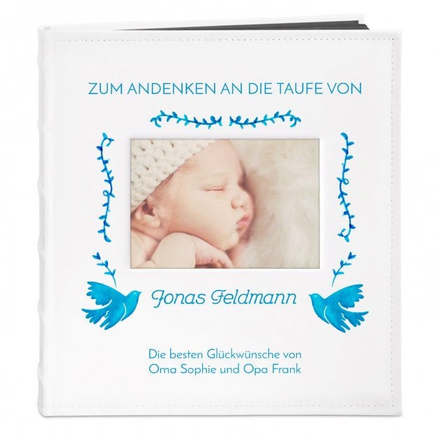 Fotoalbum mit Sichtfenster mit Aufdruck zum Einkleben für einen Jungen zur Taufe