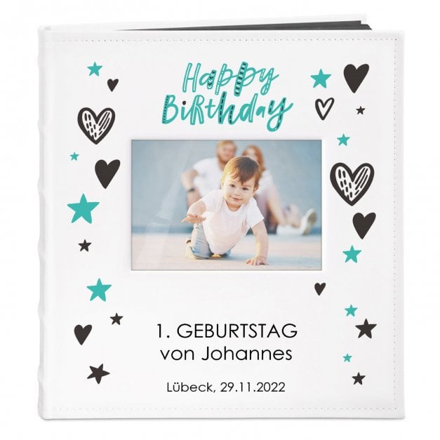 Fotoalbum mit Sichtfenster mit Gravur für einen Jungen zum 1. Geburtstag