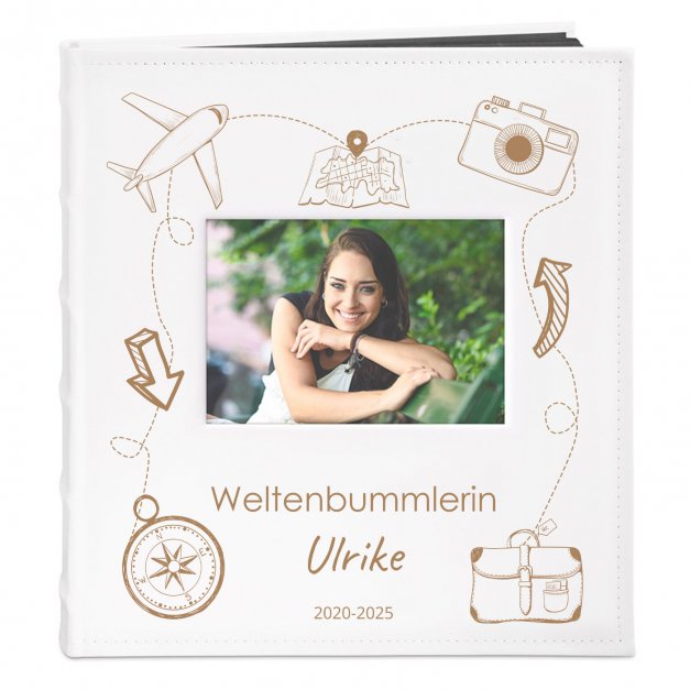 Fotoalbum mit Sichtfenster und Aufdruck für eine Abenteuerin