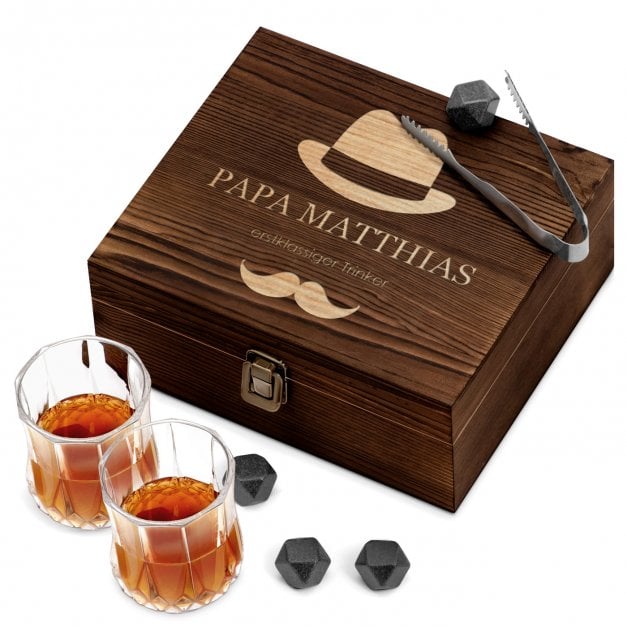 Whisky Steine Set mit 2 Gläsern in Holzbox mit Gravur für Ihren Vater zum Vatertag