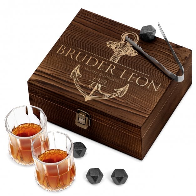 Whisky Steine Set mit 2 Gläsern in Holzbox mit Gravur für Ihren Bruder, Segler zum Geburtstag