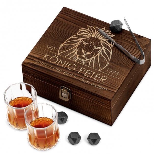 Whisky Steine Set mit 2 Gläsern in Holzbox mit Gravur für Ihren Chef zum Geburtstag