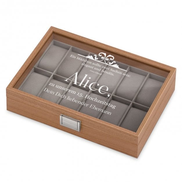 Uhrenbox aus Holz mit Gravur für sie zum 15. Jahrestag