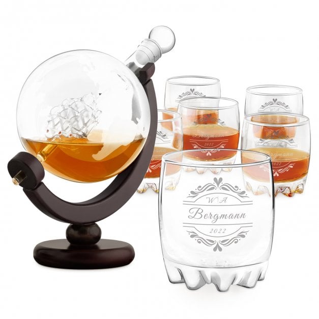 Whisky Karaffe in Globusform mit Schiff mit 6 Gläsern zur Hochzeit, zum Hochzeitstag