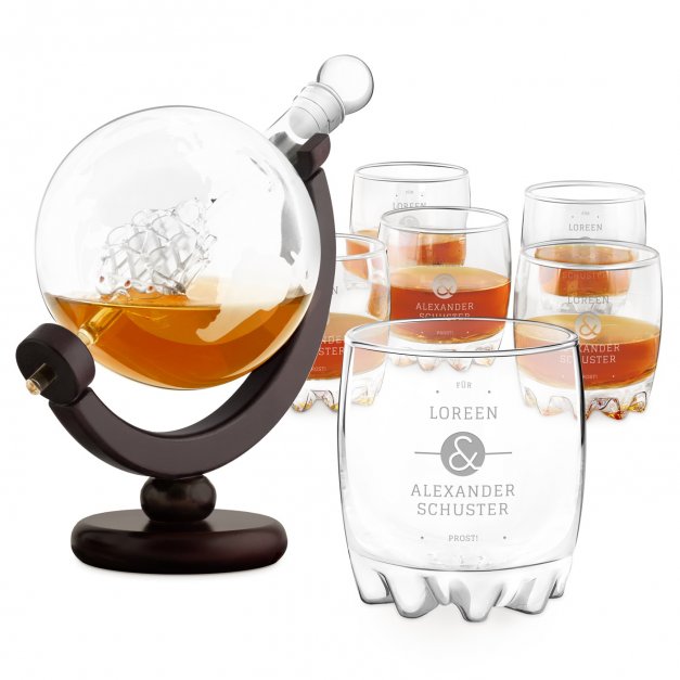 Whisky Karaffe in Globusform mit Schiff mit 6 Gläsern für ein Paar