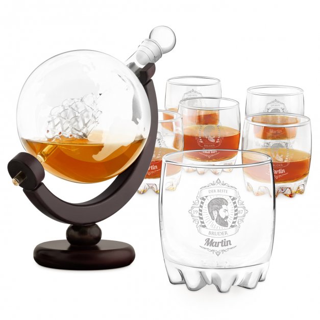 Whisky Karaffe in Globusform mit Schiff mit 6 Gläsern für Ihren Bruder