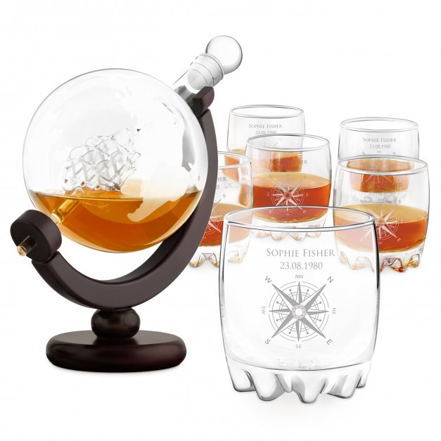 Whisky Karaffe in Globusform mit Schiff mit 6 Gläsern für eine Weltenbummlerin