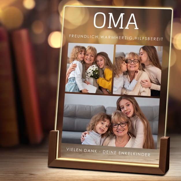 Beleuchtetes Acrylglas mit eigenen Fotos und Holzständer Größe XL für Ihre Großmutter