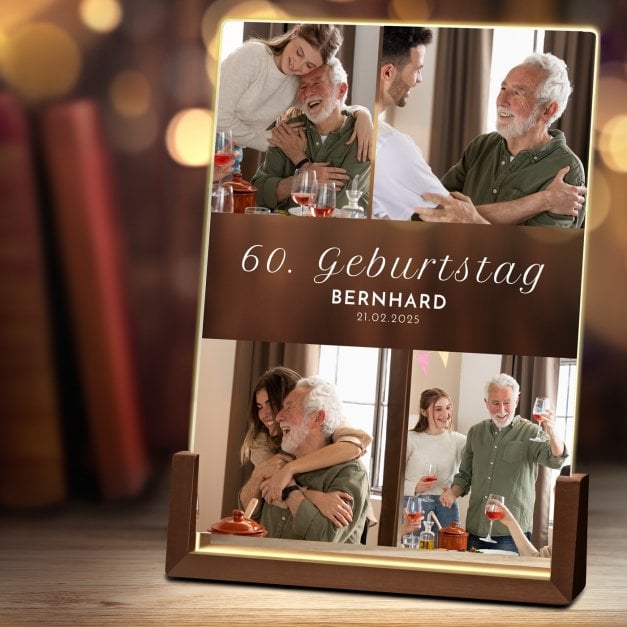 Beleuchtetes Acrylglas mit eigenen Fotos und Holzständer Größe XL für ihn Ihren Vater Opa zum 60. Geburtstag