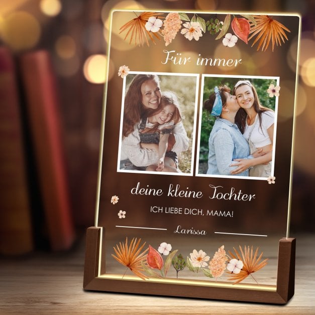 Beleuchtetes Acrylglas mit eigenen Fotos und Holzständer Größe XL für Ihre Mutter