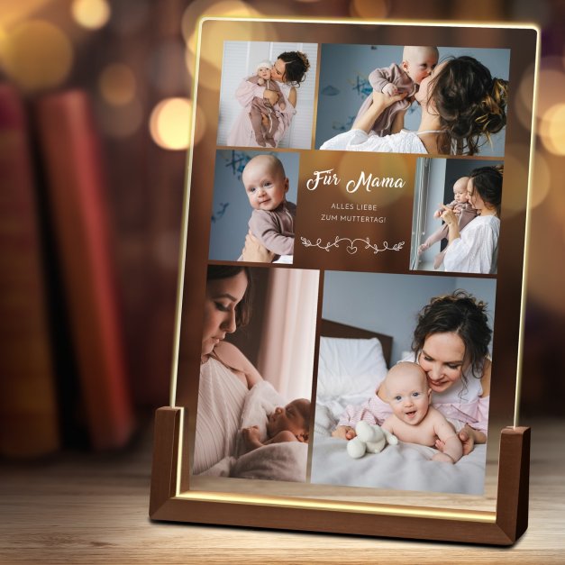 Beleuchtetes Acrylglas mit eigenen Fotos und Holzständer Größe XL für Ihre Mutti zum Muttertag