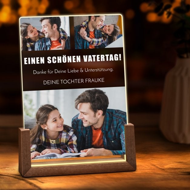 Beleuchtetes Acrylglas mit eigenen Fotos und Holzständer Größe L für Ihren Vater zum Vatertag