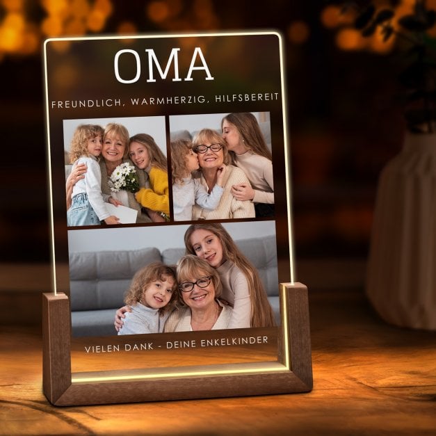 Beleuchtetes Acrylglas mit eigenen Fotos und Holzständer Größe L für Ihre Großmutter