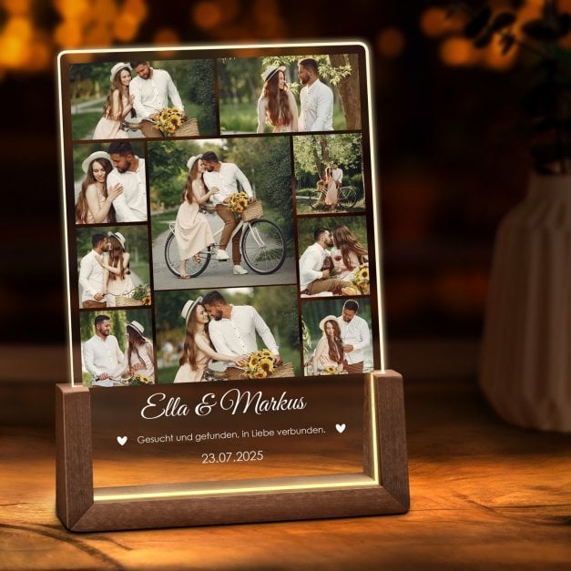 Beleuchtetes Acrylglas mit eigenen Fotos und Holzständer Größe L für ein Brautpaar