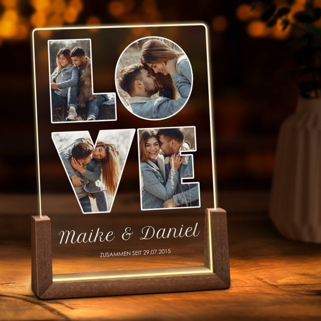 Beleuchtetes Acrylglas mit eigenen Fotos und Holzständer Größe L für ein Paar zur Eheschließung zum Jubiläum