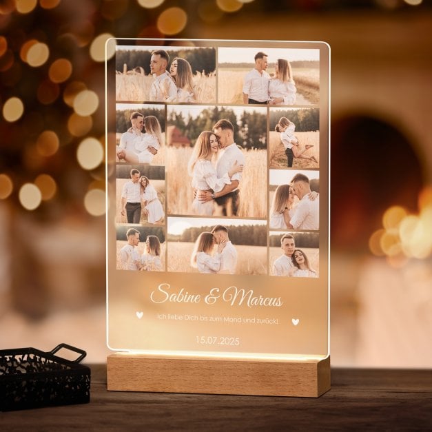 Beleuchteter LED-Rahmen mit eigenen Fotos und Holzständer Größe XL für ein Hochzeitspaar