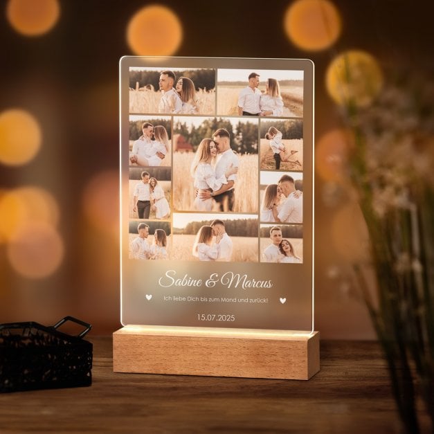 Beleuchteter LED-Rahmen mit eigenen Fotos und Holzständer Größe L für ein Hochzeitspaar