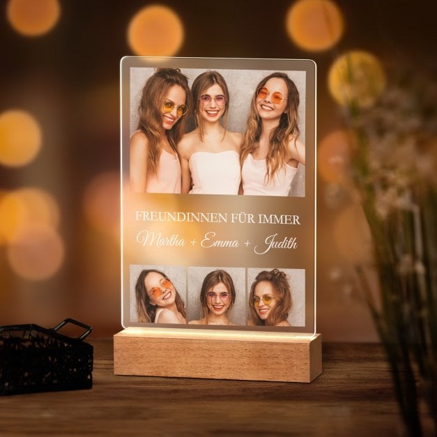 Beleuchteter LED-Rahmen mit eigenen Fotos und Holzständer Größe L für Ihre beste Freundin