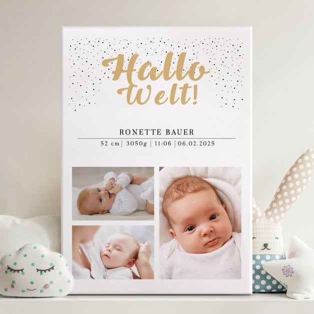 Wandbildcollage mit Aufdruck von eigenen Fotos für ein Mädchen Baby zur Geburt Taufe