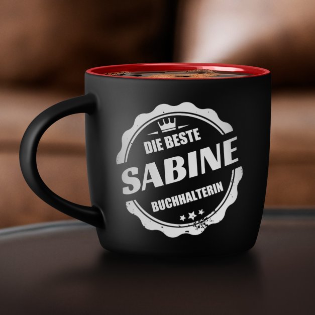 Keramikbecher mit Gravur Schwarz/Matt und Rot für die Buchhalterin zum Geburtstag zur Beförderung