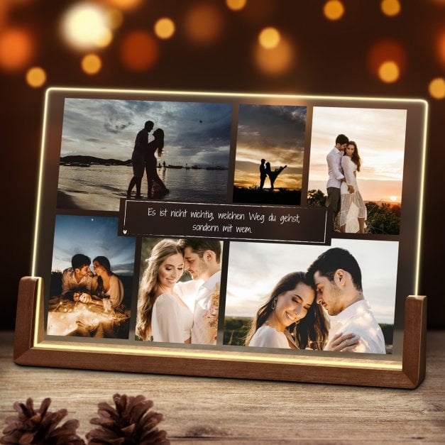 Horizontales Acrylglas mit aufgedruckten Fotos und Holzständer mit LED-Beleuchtung Größe XL für ein Paar zum Valentinstag zur Ho