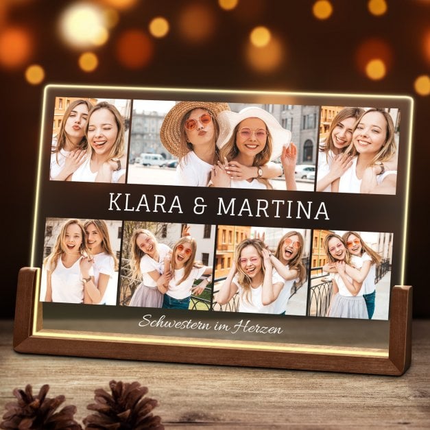 Horizontales Acrylglas mit aufgedruckten Fotos und Holzständer mit LED-Beleuchtung Größe XL für Ihre Schwester Freundin