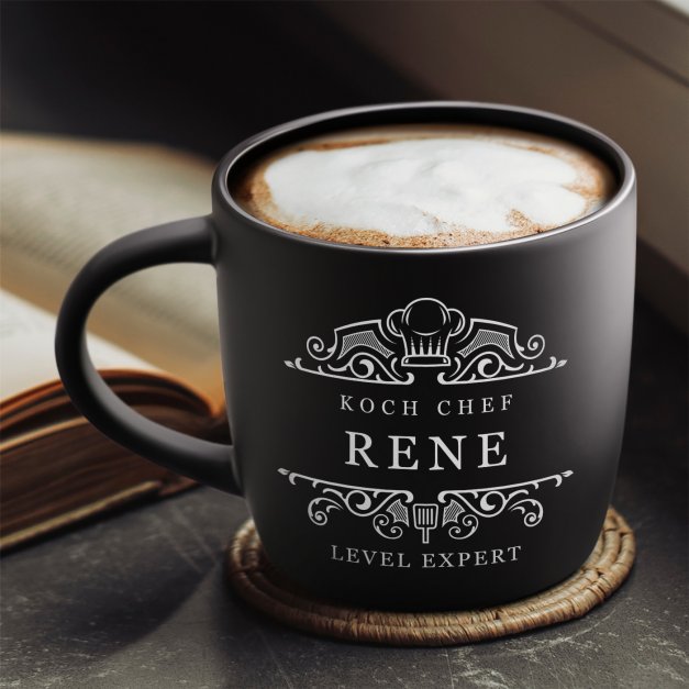 Keramikbecher mit Gravur Schwarz/Matt für einen Küchenchef zum Geburtstag zur Beförderung