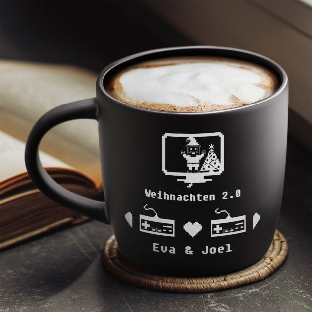 Keramikbecher mit Gravur Schwarz/Matt für ein Gamerpaar zu Weihnachten