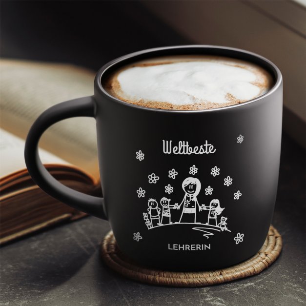 Keramikbecher mit Gravur Schwarz/Matt für eine Kindergärtnerin Lehrerin Erzieherin