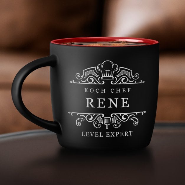 Keramikbecher mit Gravur Schwarz/Matt und Rot für einen Küchenchef zum Geburtstag