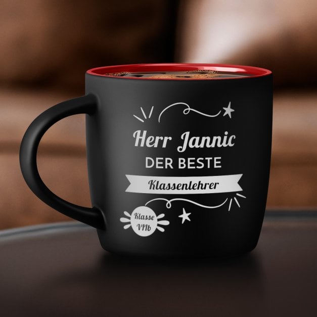 Keramikbecher mit Gravur Schwarz/Matt und Rot für Ihren Lehrer Klassenlehrer zum Lehrertag